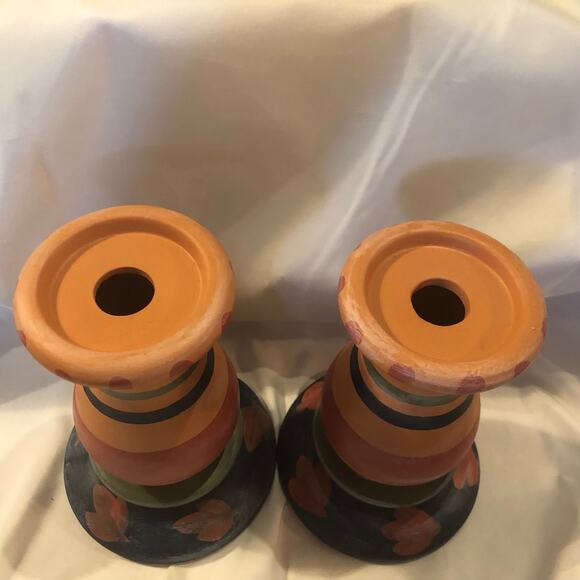 Rustic Primitive Southwestern Terra Cotta Candle Holders Hand Painted - Picture 4 of 7